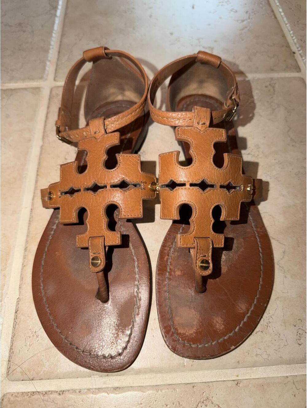 Tory Burch Phoebe T Strap Brown Leather Sandals 7.5